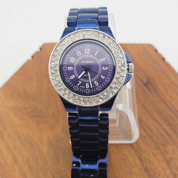 Scoop Women's Rhinestone Dial Boyfriend Watch Blue Metallic Bold Maximalist SNY1 - Picture 1 of 7
